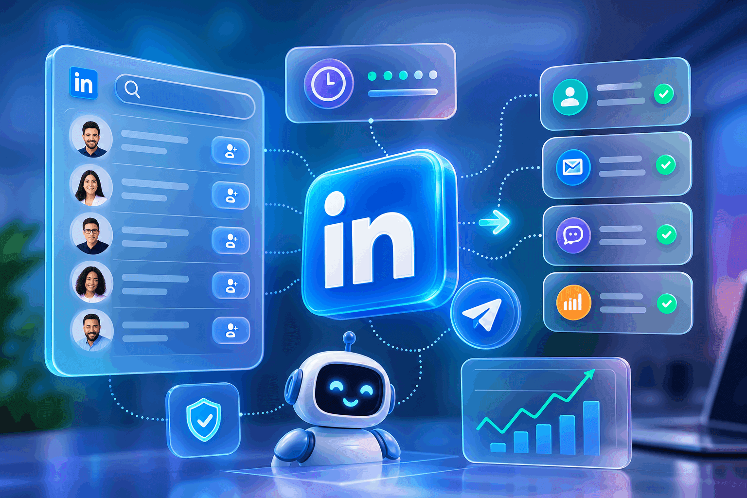 LinkedIn automation safety settings showing daily sending limits, working hours and account health status