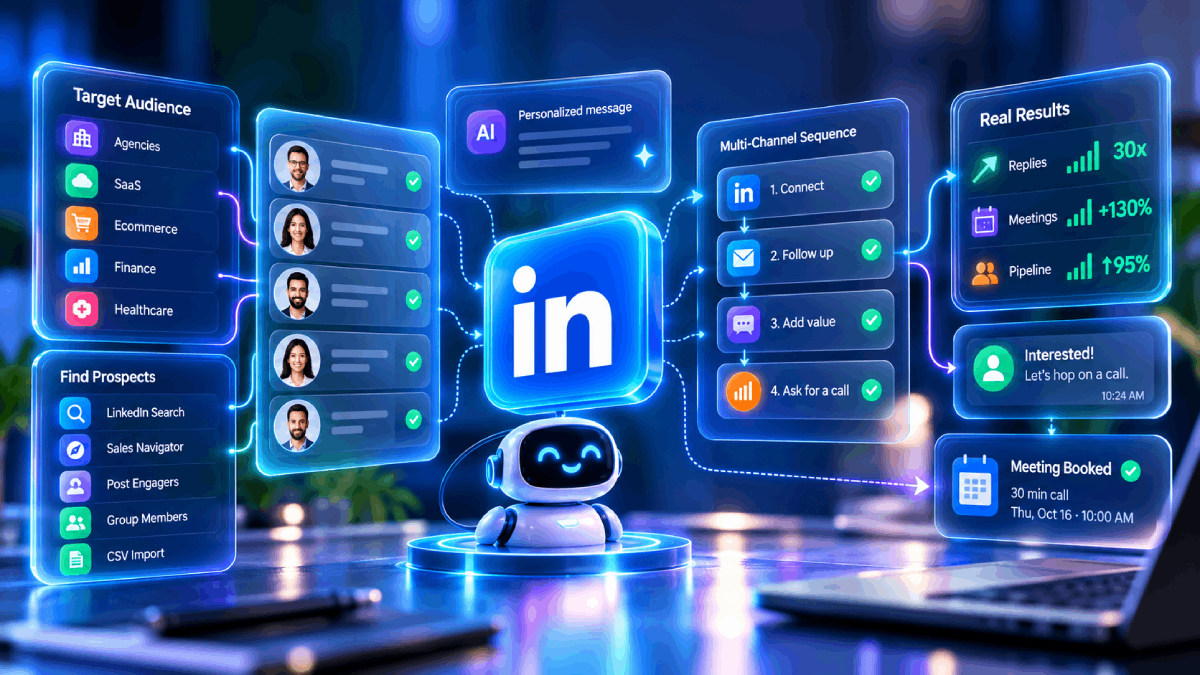 AI-powered LinkedIn outreach for B2B agencies featuring targeted prospecting, personalized messages, automated follow-ups, and booked sales meetings with Prosyo.