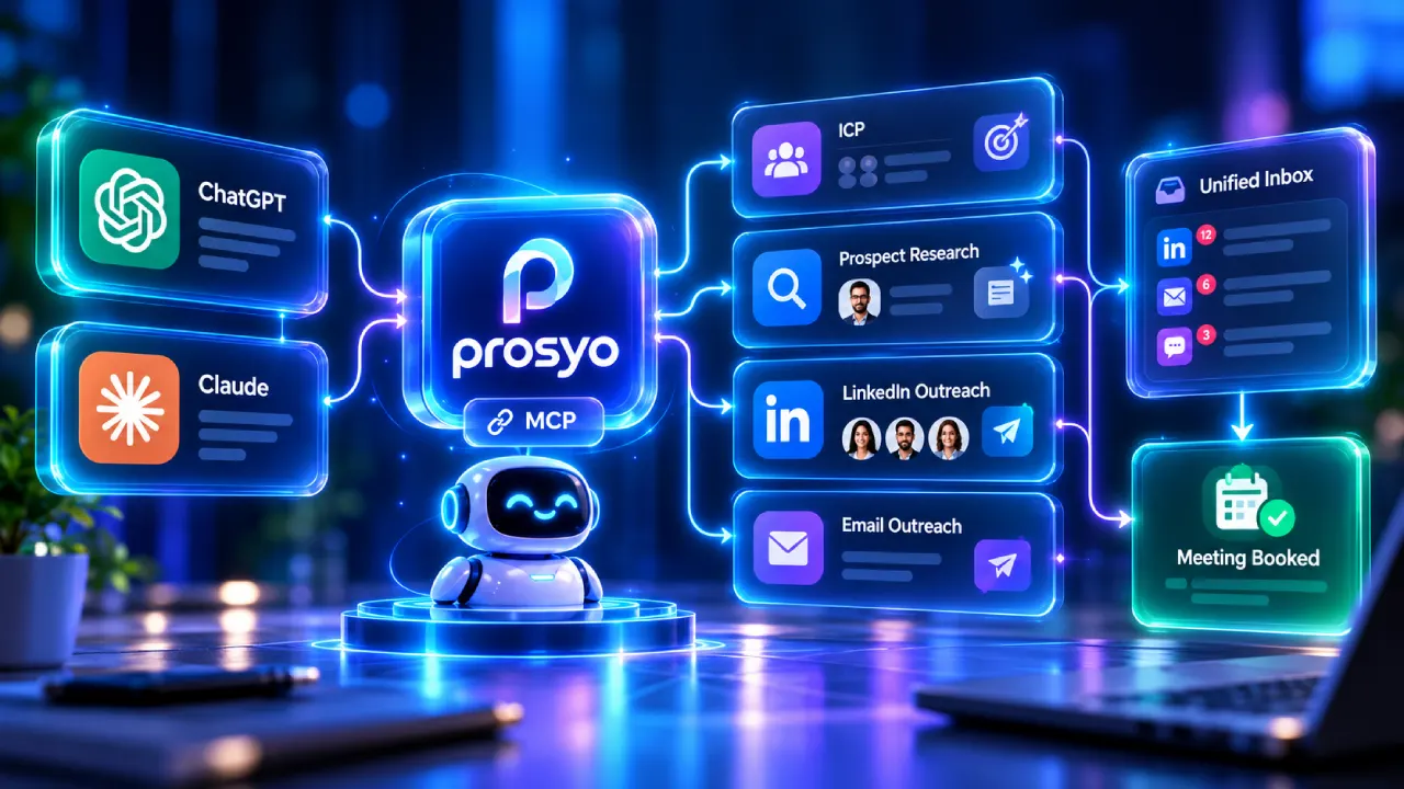 Futuristic Prosyo workflow mockup showing ChatGPT and Claude connected through MCP to Prosyo, with ICP setup, prospect research, LinkedIn outreach, email outreach, unified inbox, and meeting booking steps.