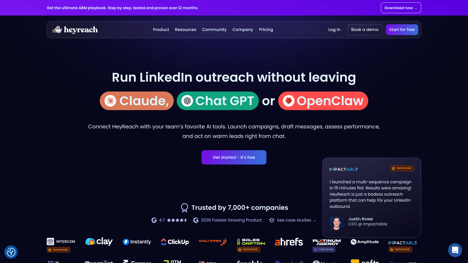 HeyReach MCP server page showing AI-triggered LinkedIn campaign actions, lead list segmentation and reply tagging