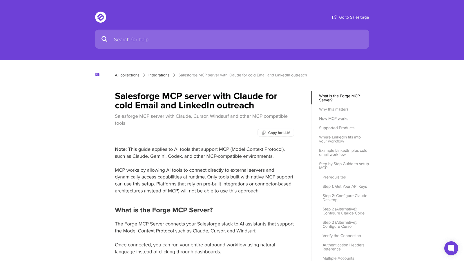 Salesforge Forge MCP server documentation showing LinkedIn and cold email sequence creation, mailbox and domain management from an AI client