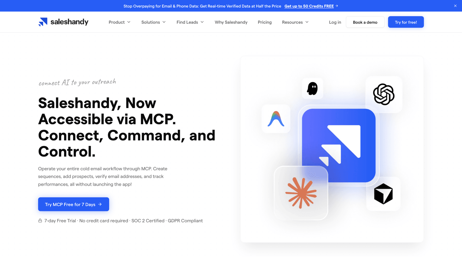 Saleshandy MCP server managing cold email sequences with a LinkedIn automation step that pushes prospects into Aimfox or HeyReach