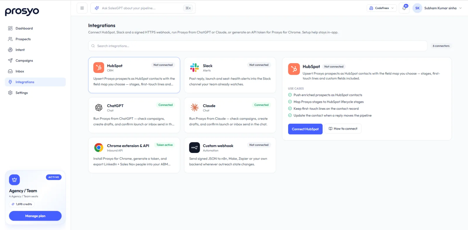 The Prosyo app: sidebar menu, SalesGPT search bar, and the Integrations page