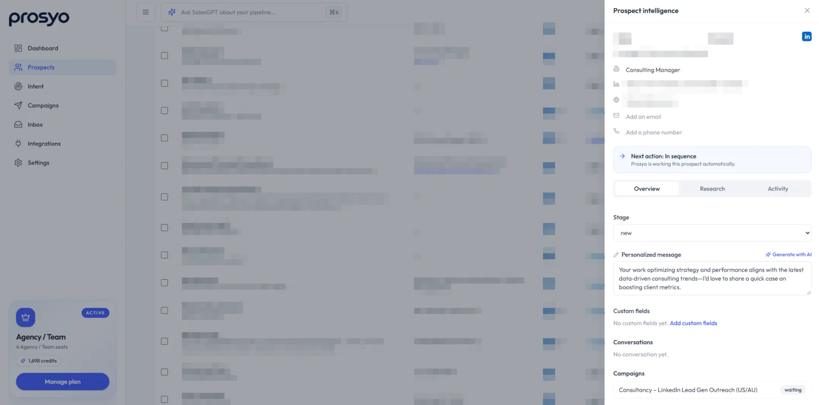 Prospect side panel with contact details, next action, stage, personalized message and campaigns