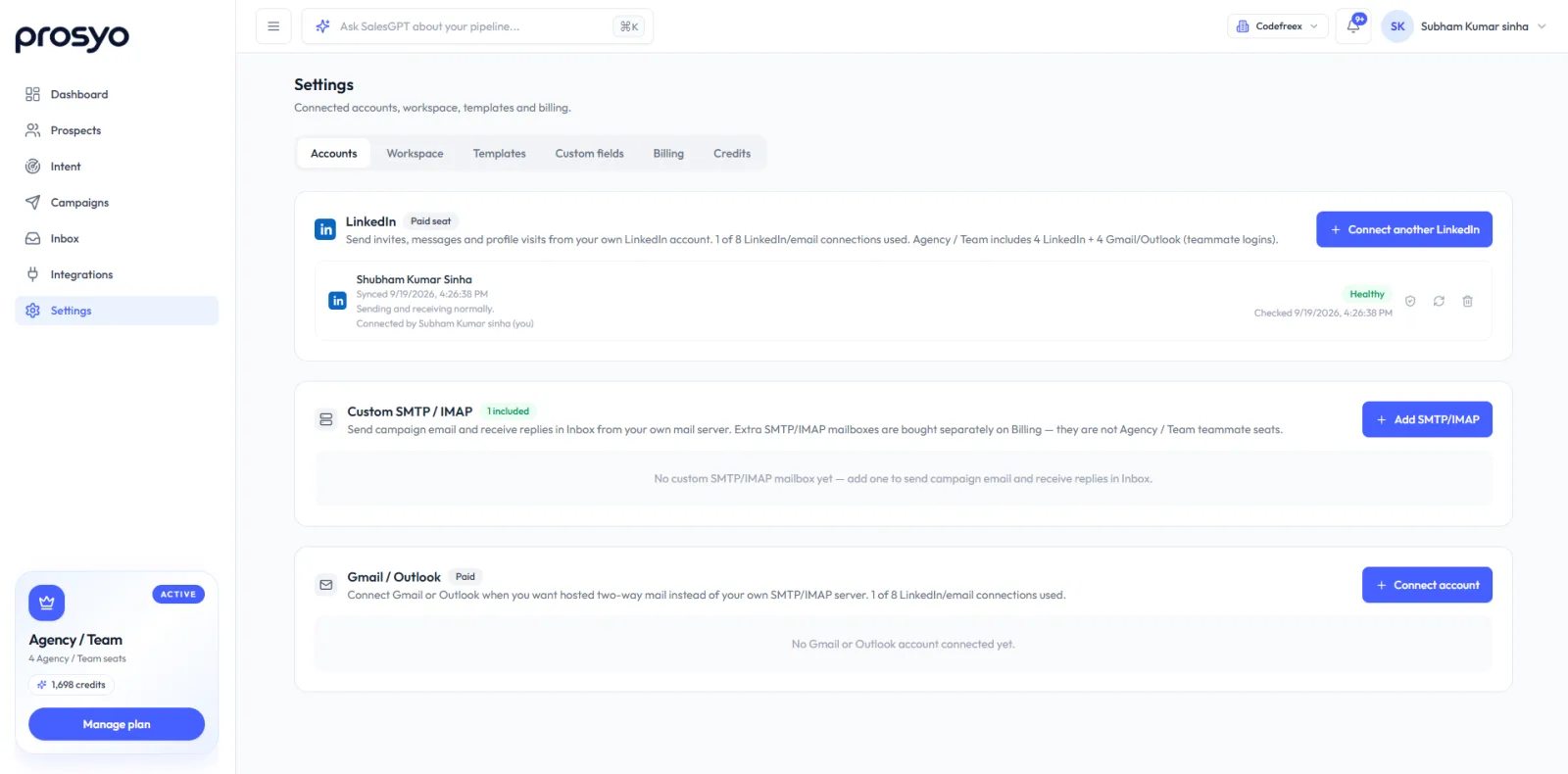 Settings → Accounts with a healthy LinkedIn account, the SMTP/IMAP card and the Gmail/Outlook card