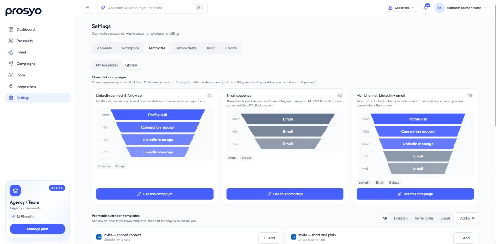 Settings → Templates → Library with three one-click campaigns and the premade outreach templates