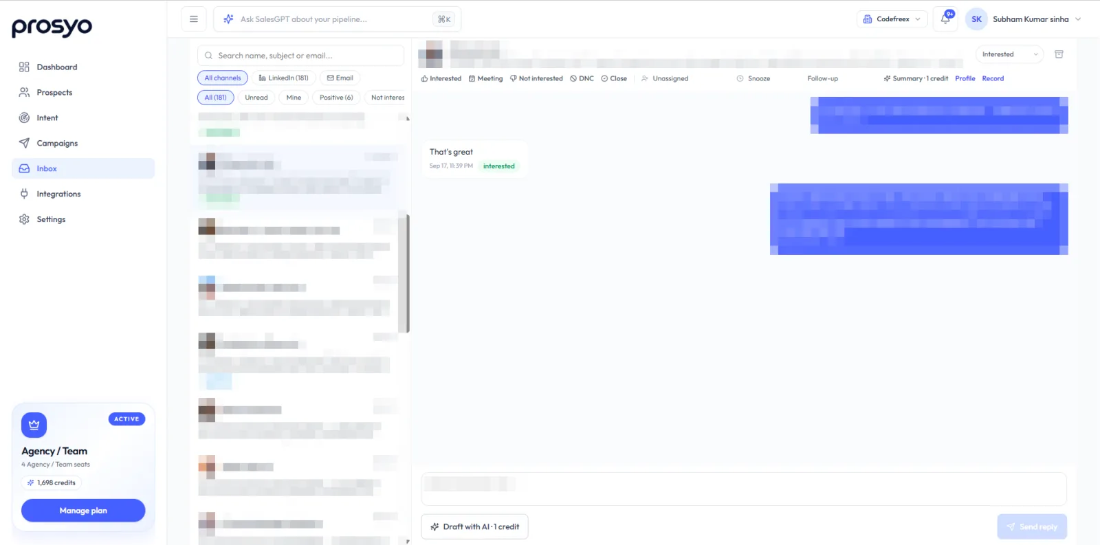 Prosyo Inbox with filters, the conversation list, a LinkedIn thread, and Draft with AI