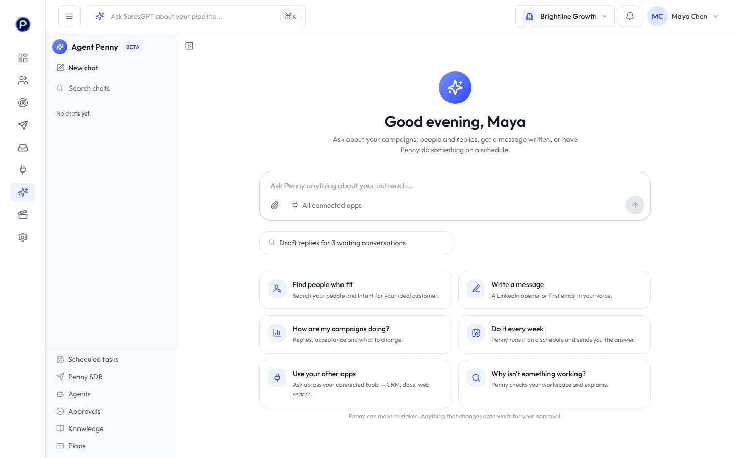 Agent Penny: a full-page chat with suggestions, chat history, Scheduled tasks, Agents, Approvals and Knowledge