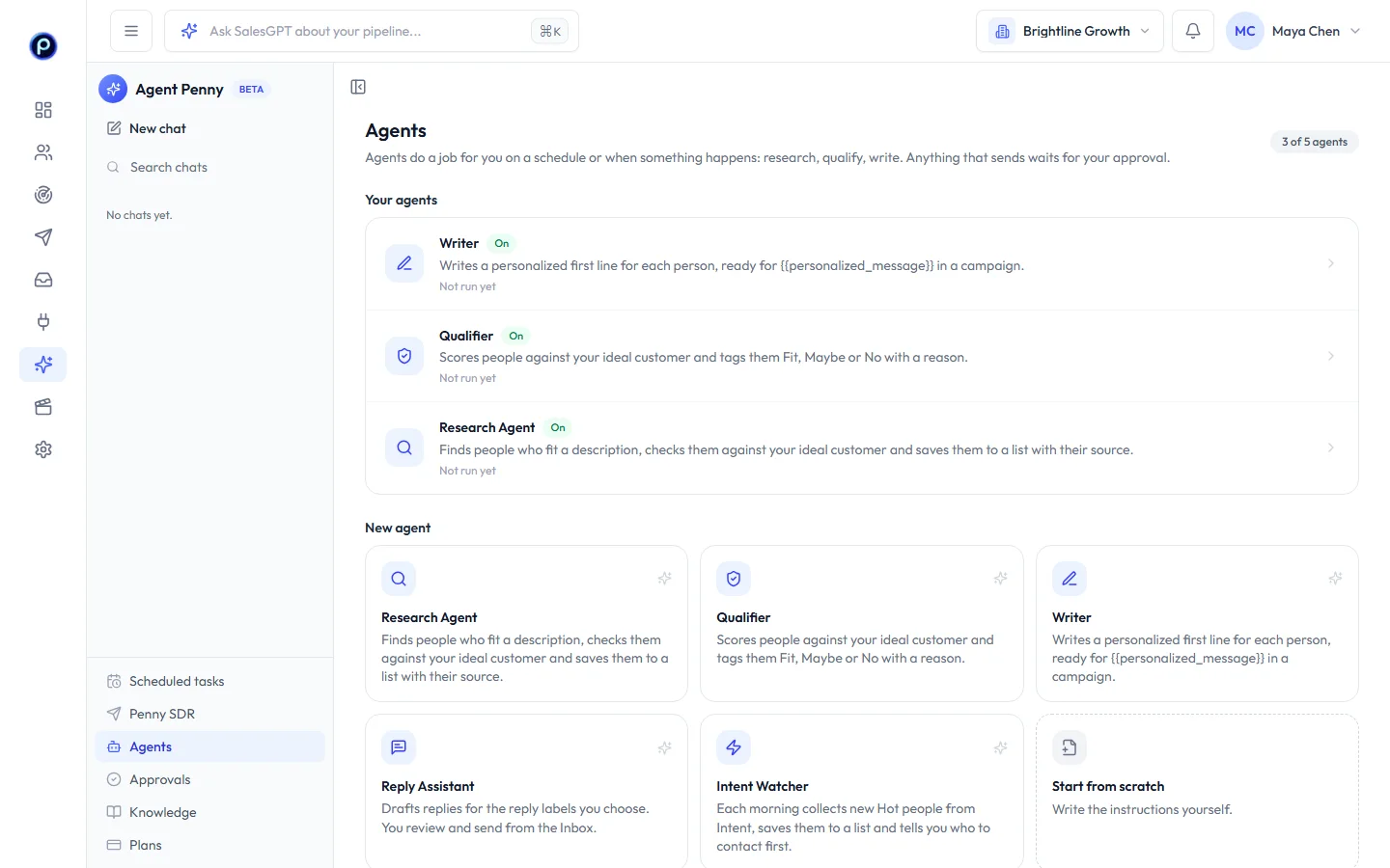 Agents page with your agents and templates: Research Agent, Qualifier, Writer, Reply Assistant, Intent Watcher
