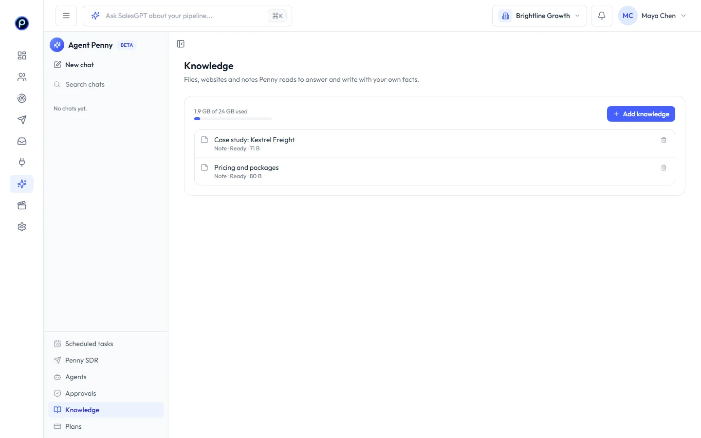 Knowledge page with notes, files and websites Penny reads