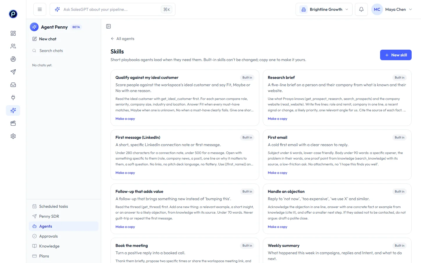 Skills page with built-in playbooks and your own