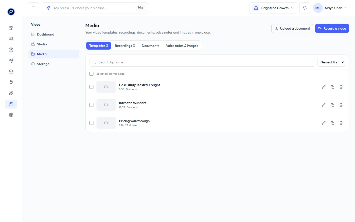 Media with templates, recordings, documents, voice notes and images, search and sort